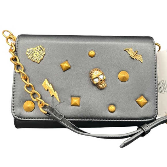 Betsey Johnson Black Leather Crossbody Bag w/ Gold Stud & Halloween Stud Accents - Picture 1 of 11